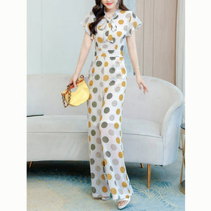Women Vintage Polka Dot Short Sleeve Overalls Jumpsuit