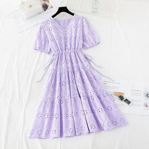 Women Casual V-neck Cotton Linen Vestidos Ruffle Vintage Dresses