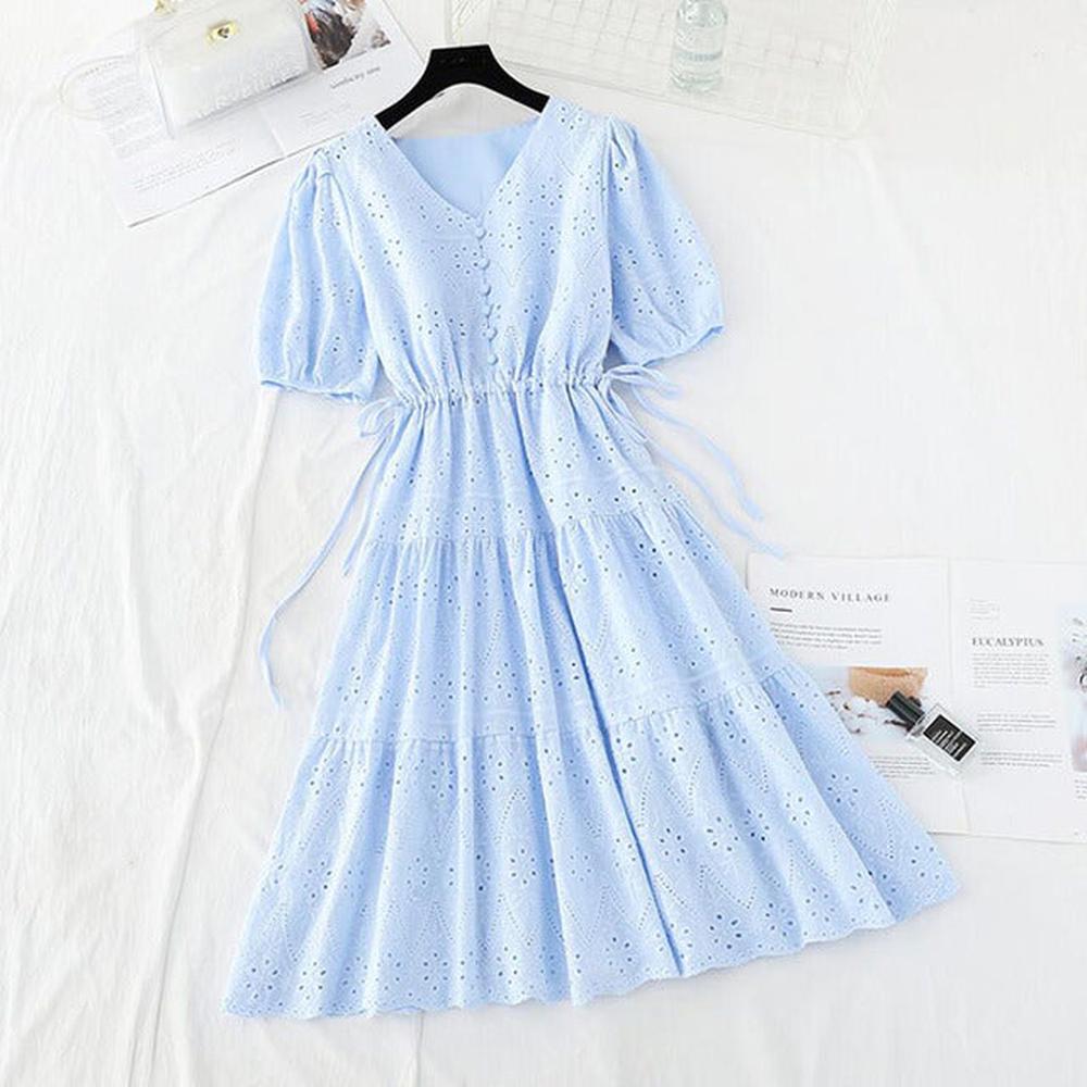 Women Casual V-neck Cotton Linen Vestidos Ruffle Vintage Dresses