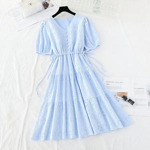 Women Casual V-neck Cotton Linen Vestidos Ruffle Vintage Dresses