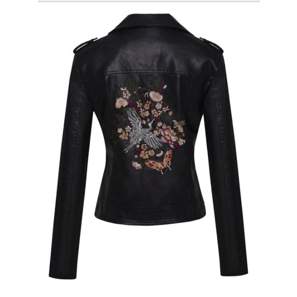 Women Patchwork Floral Embroidery Rivets Short Section Pu Leather Jacket