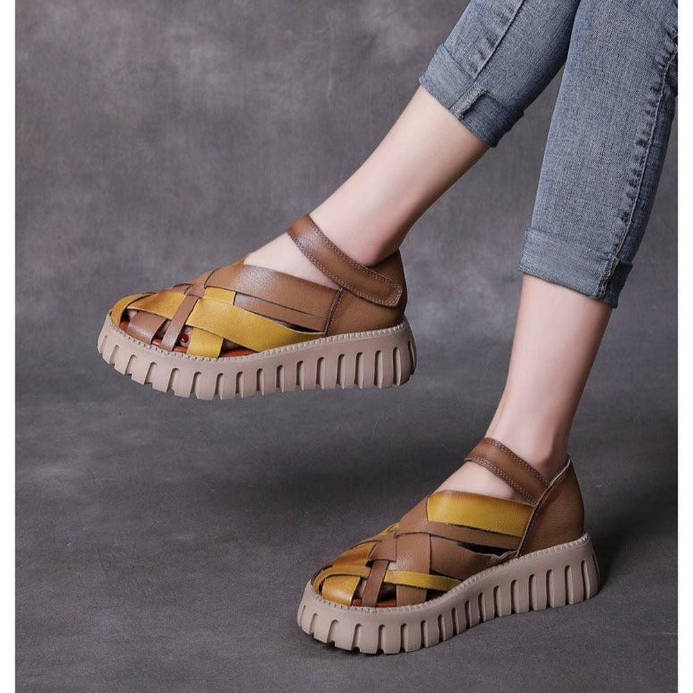 Women Handmade Platform Wedges Weave Genuine Leather Sandals