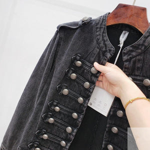 Women Korean Vintage Stand Collar Black Denim Jacket