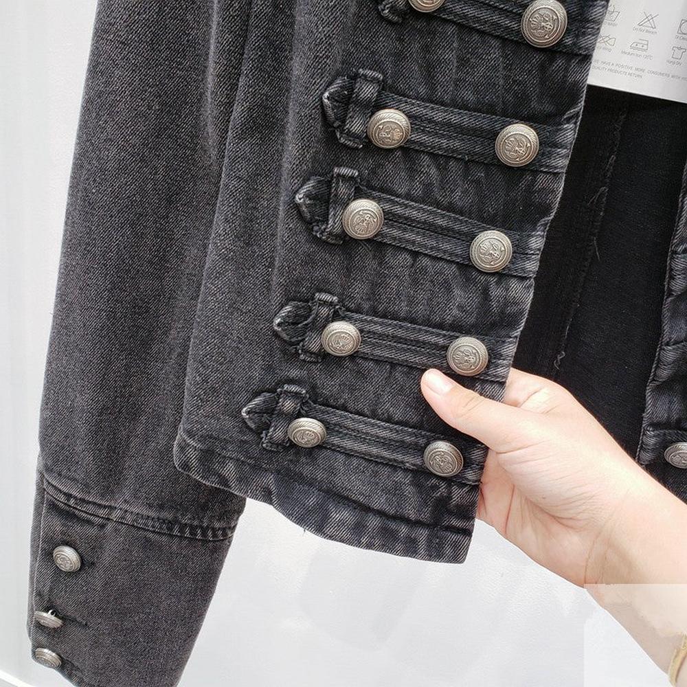 Women Korean Vintage Stand Collar Black Denim Jacket