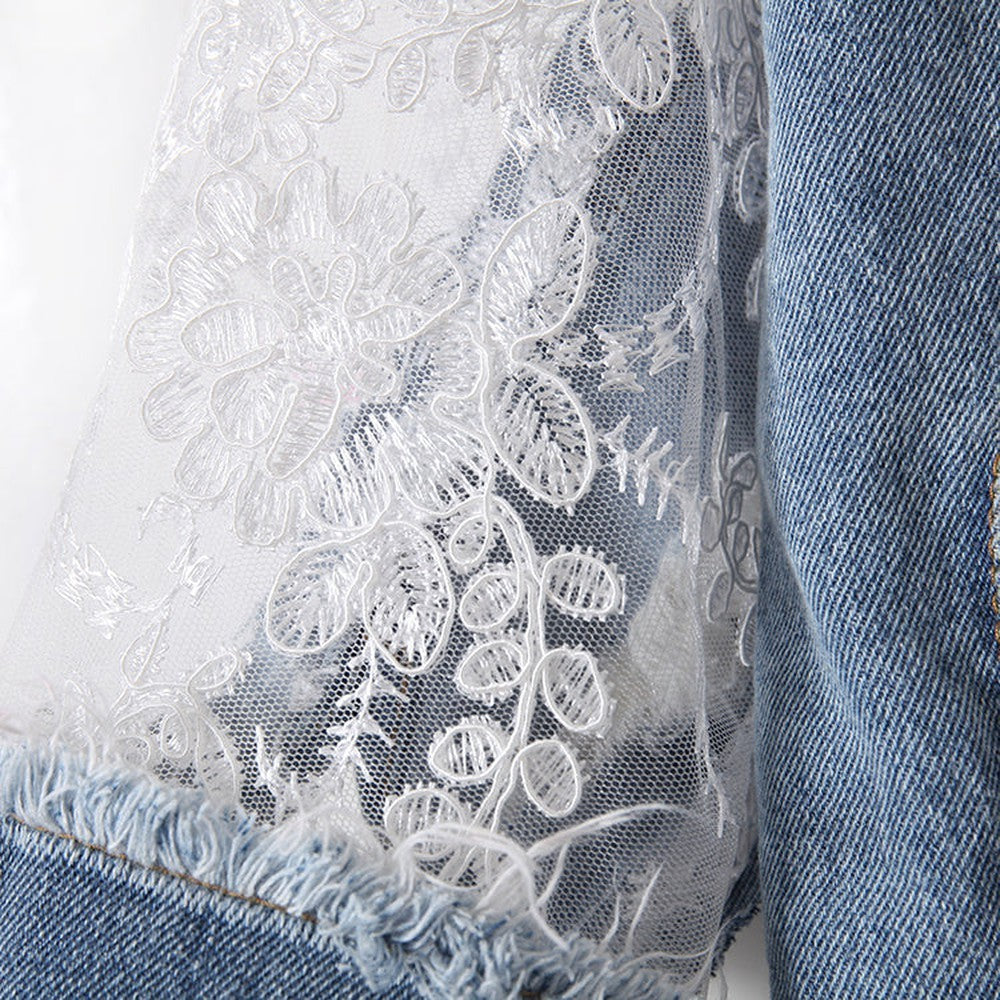 Women Embroidery Cut-out Lace Splice Hole Denim Jacket