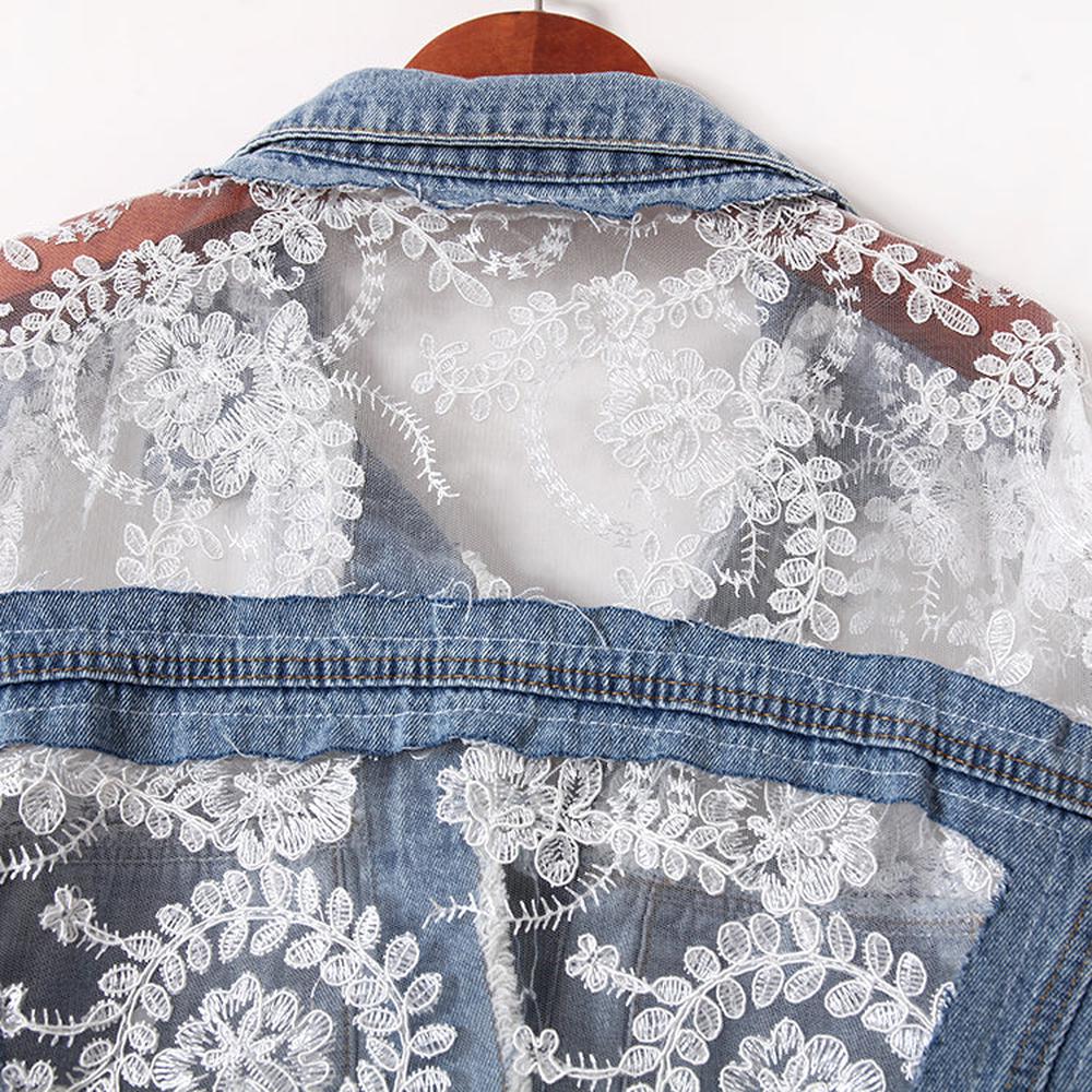 Women Embroidery Cut-out Lace Splice Hole Denim Jacket