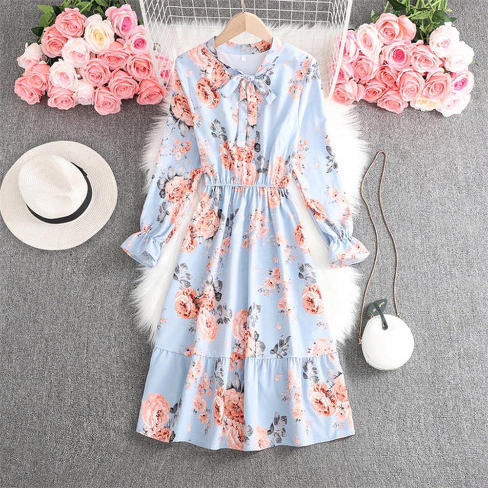 Women Vintage Bow Tie Collar Vestidos Floral Mid-calf Dress