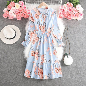 Women Vintage Bow Tie Collar Vestidos Floral Mid-calf Dress