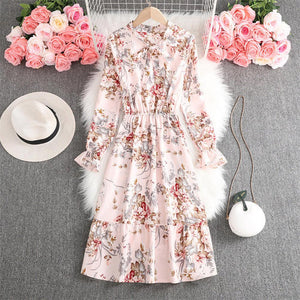 Women Vintage Bow Tie Collar Vestidos Floral Mid-calf Dress