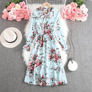 Women Vintage Bow Tie Collar Vestidos Floral Mid-calf Dress