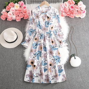 Women Vintage Bow Tie Collar Vestidos Floral Mid-calf Dress