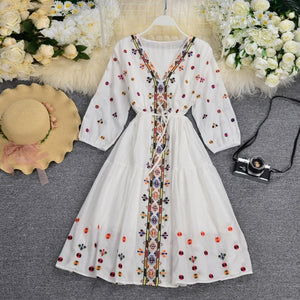 Women Vintage Embroidery Floral Casual Loose Lace Up Boho Mini Dress