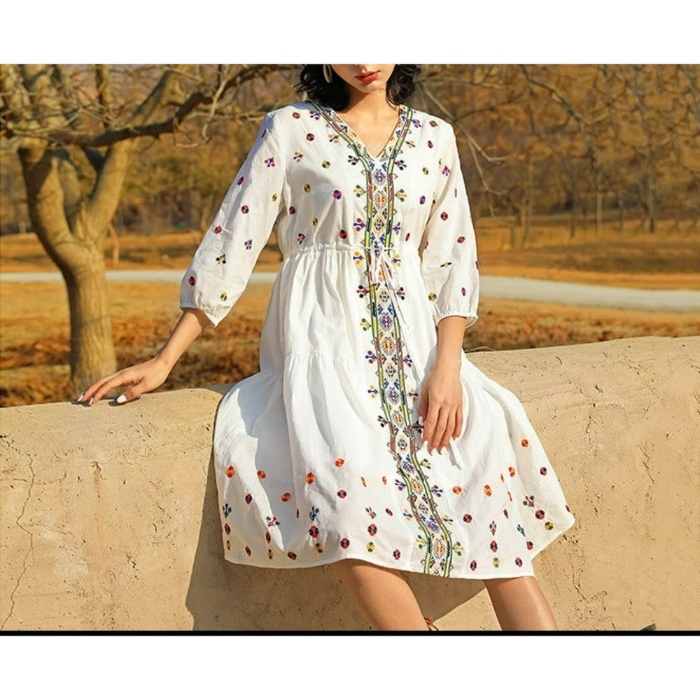 Women Vintage Embroidery Floral Casual Loose Lace Up Boho Mini Dress