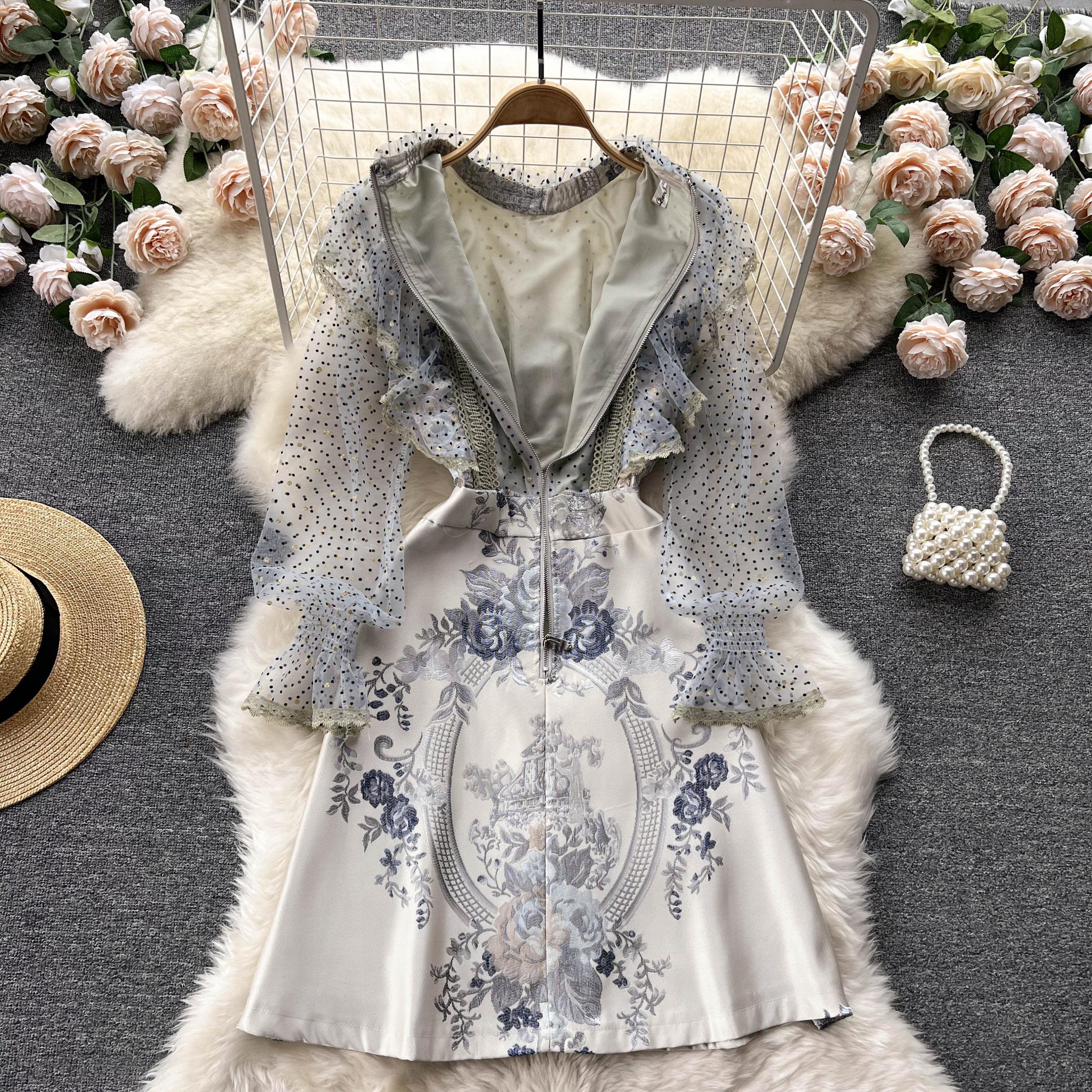 Women Designer Ruffle High Waist Dots Floral A-line Party Dress