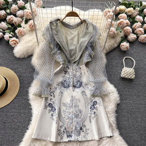 Women Designer Ruffle High Waist Dots Floral A-line Party Dress