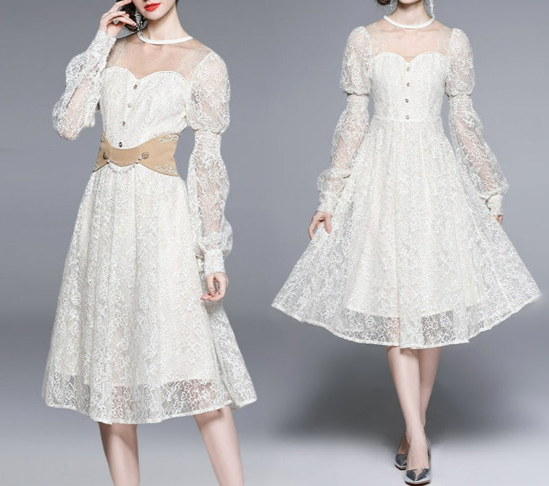 Women Lantern Sleeve Overlay Lace Embroidery Mesh Elegant Princess Dress