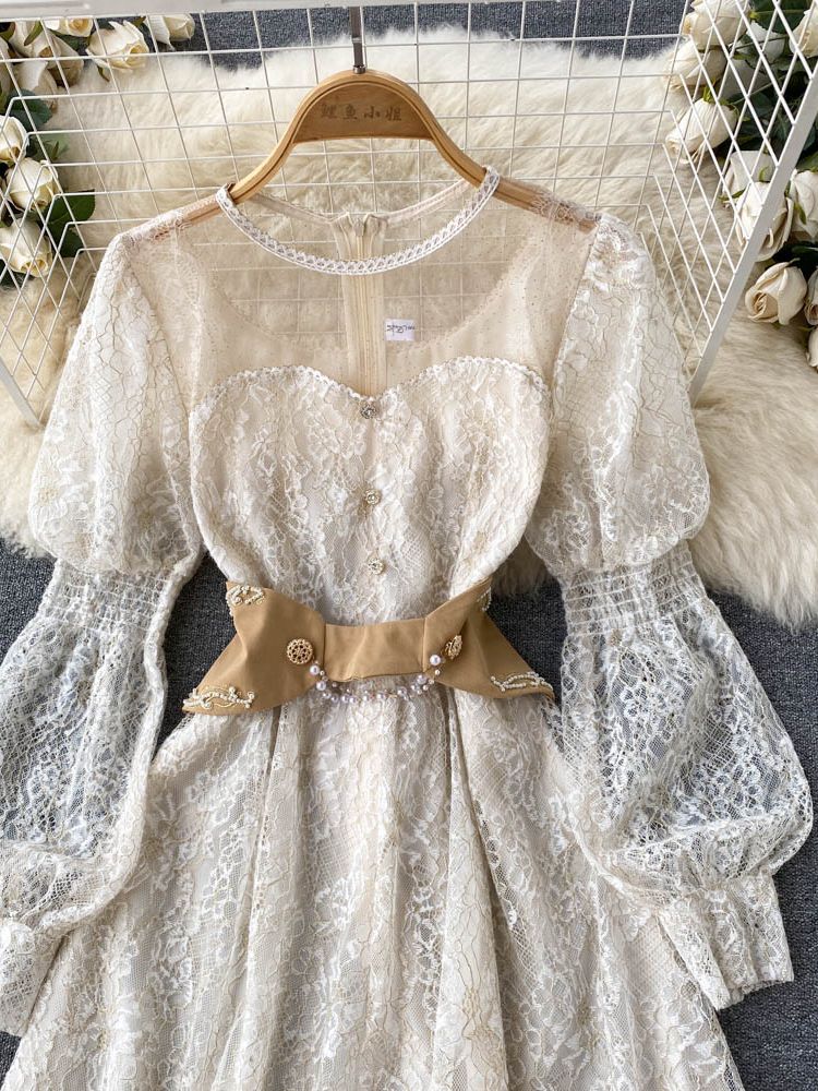 Women Lantern Sleeve Overlay Lace Embroidery Mesh Elegant Princess Dress
