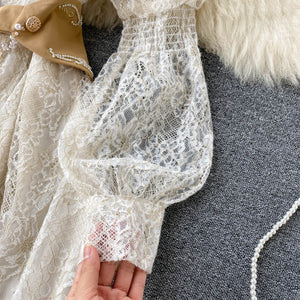 Women Lantern Sleeve Overlay Lace Embroidery Mesh Elegant Princess Dress