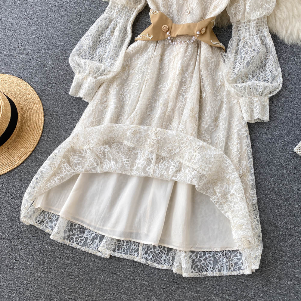 Women Lantern Sleeve Overlay Lace Embroidery Mesh Elegant Princess Dress