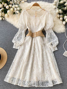 Women Lantern Sleeve Overlay Lace Embroidery Mesh Elegant Princess Dress