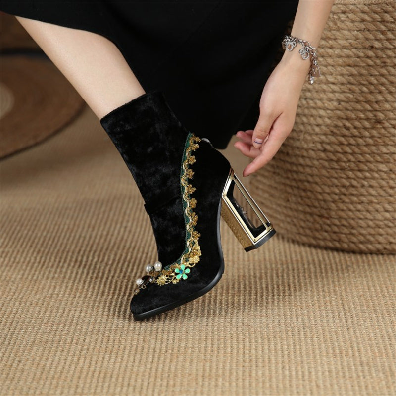 Women Handmade Pointed Toe Strange Heels Thick Heel Short Boots Solid Shoes