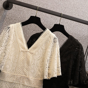Women Lace Hollow Out A-Line Flare Sleeved Slim Dress