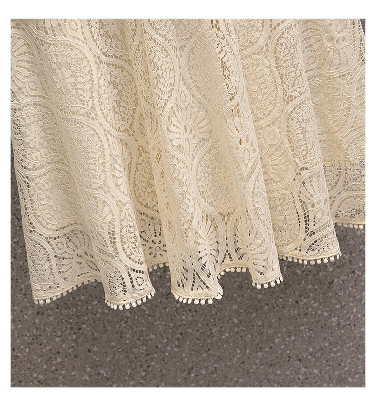 Women Lace Hollow Out A-Line Flare Sleeved Slim Dress