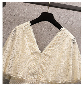 Women Lace Hollow Out A-Line Flare Sleeved Slim Dress