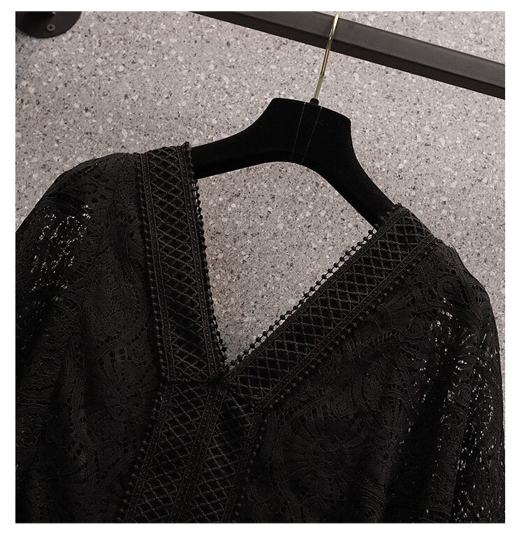 Women Lace Hollow Out A-Line Flare Sleeved Slim Dress