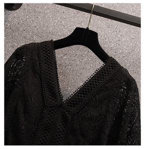 Women Lace Hollow Out A-Line Flare Sleeved Slim Dress