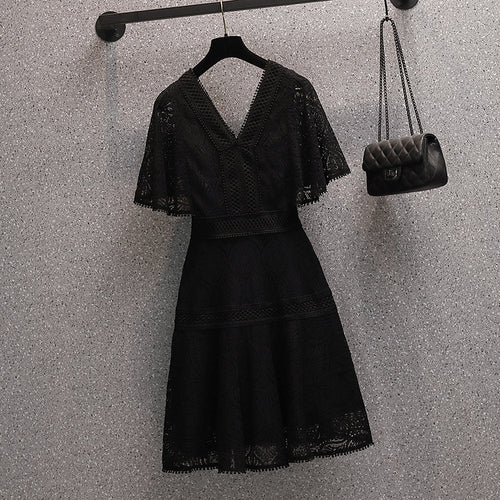 Women Lace Hollow Out A-Line Flare Sleeved Slim Dress
