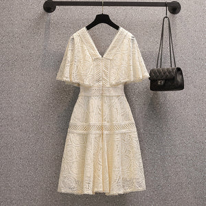Women Lace Hollow Out A-Line Flare Sleeved Slim Dress