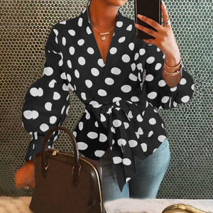 Women Vintage Lantern Sleeve Shirts Tunic Casual Loose V-Neck Elegant Belted Blouse