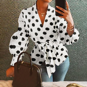 Women Vintage Lantern Sleeve Shirts Tunic Casual Loose V-Neck Elegant Belted Blouse